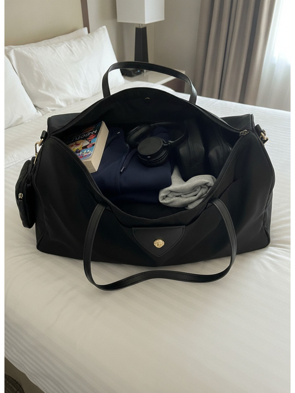 Anne Klein | Aly Large Black Nylon Drawstring Tote Bag
